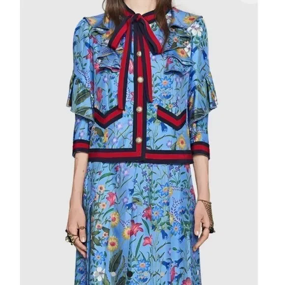 Gucci Blue Flora Ruffled Silk Blouse Jacket Navy Red Web Trim & GG Buttons SZ S - Picture 2 of 10